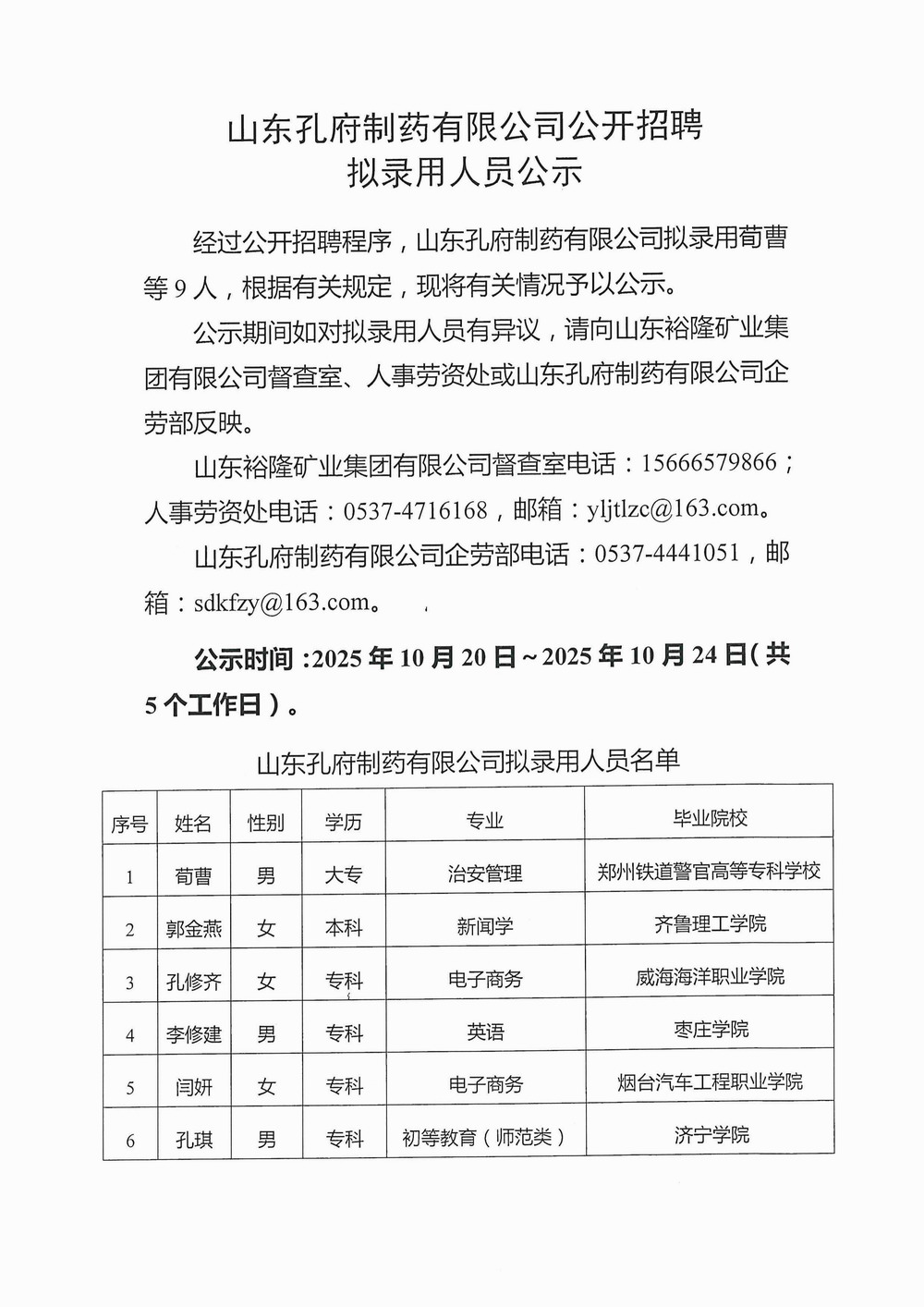 山东孔府制药有限公司公开招聘拟录用人员公示-图片-0.jpg